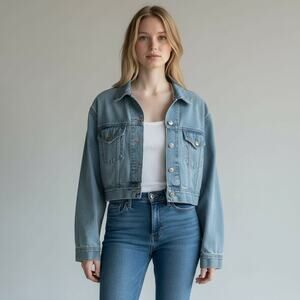 RE/DONE Cropped Denim Trucker Jacket NWOT Women's Sz S Airy Indigo Retro Luxe